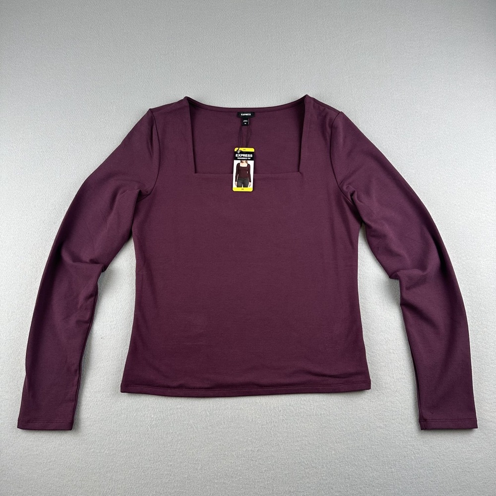 Express Squareā Neck Top Womens Medium Burgundy Plum Long Sleeve Body Contour